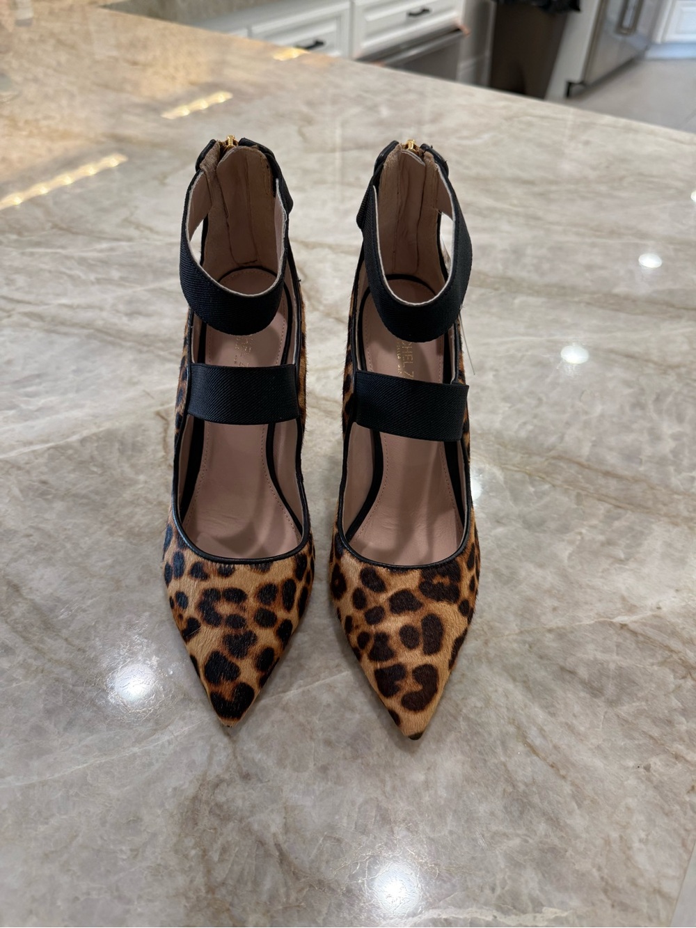 Rachel Zoe Leopard Print Pointed Toe Heels with Black Straps